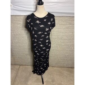 Smallshow Black Floral Ruched‎ Side Short Sleeve Maxi Dress Women's M